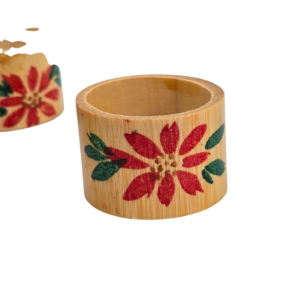 Vintage Bamboo Napkin Rings Set of 4 Hand Painted Poinsettia Floral Christmas